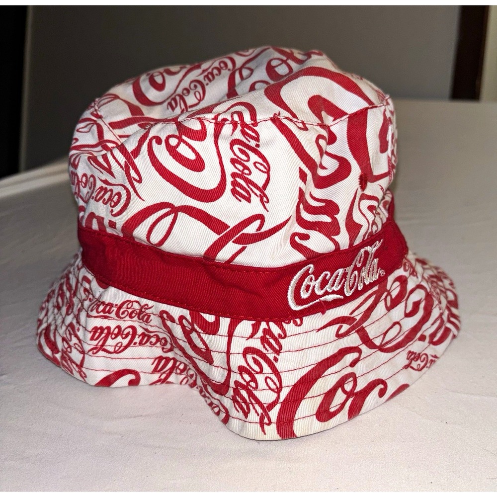 Coca-Cola Red & White Reversible Bucket Hat All-Over Logo Print embroidered rare